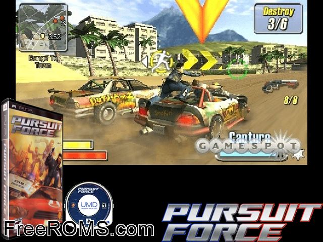 Pursuit Force PSP game showing 3D box cover and gameplay screenshot