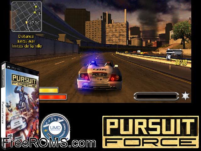 Pursuit Force (Europe) PSP game showing 3D box cover and gameplay screenshot