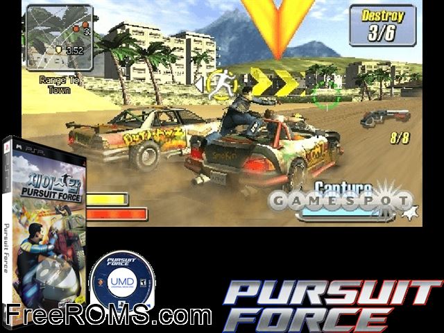 Pursuit Force (Korea) PSP game showing 3D box cover and gameplay screenshot
