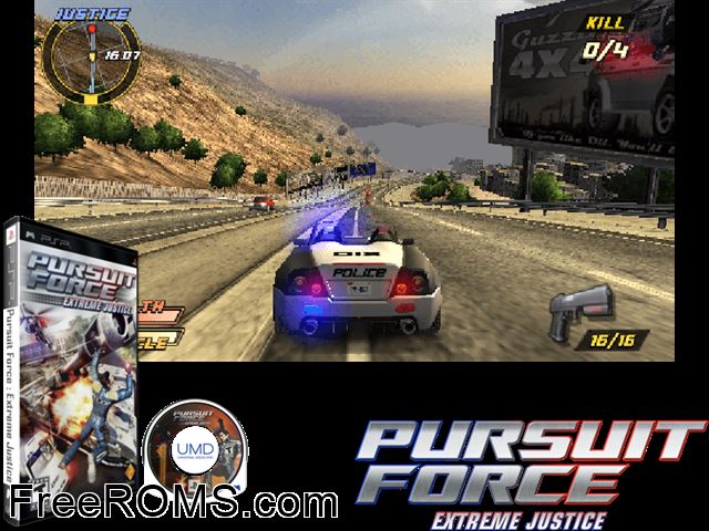 Pursuit Force - Extreme Justice PSP game showing 3D box cover and gameplay screenshot
