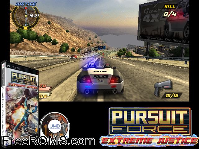 Pursuit Force - Extreme Justice (Russia) PSP game showing 3D box cover and gameplay screenshot