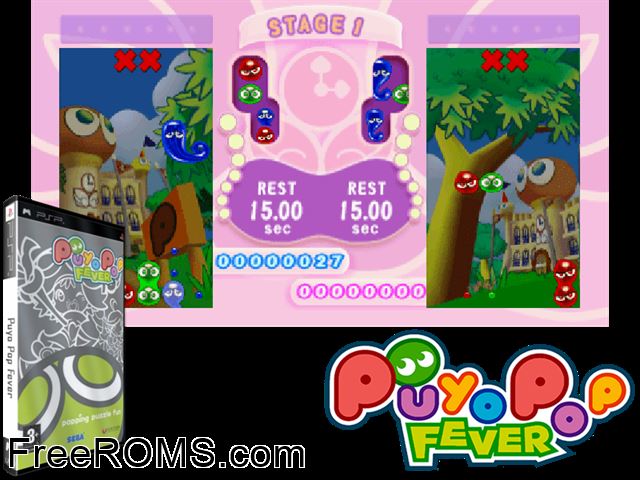 Puyo Pop Fever (Europe) PSP game showing 3D box cover and gameplay screenshot
