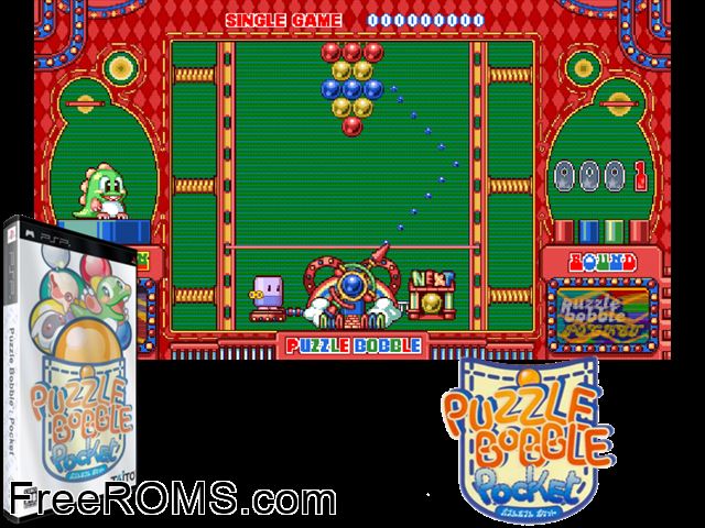 Puzzle Bobble Pocket (Japan) PSP game showing 3D box cover and gameplay screenshot