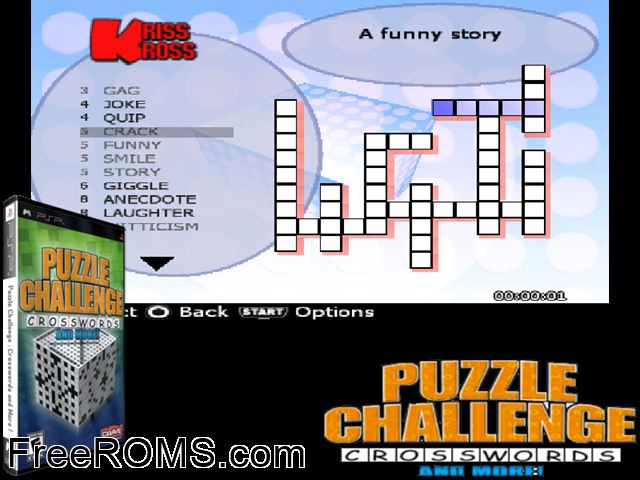 Puzzle Challenge - Crosswords And More! PSP game showing 3D box cover and gameplay screenshot