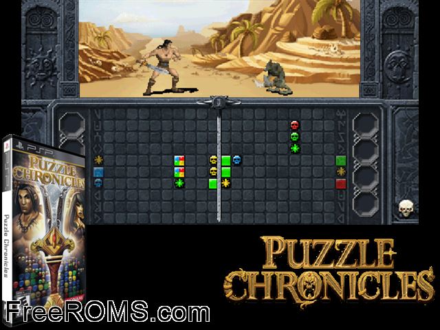 Puzzle Chronicles PSP game showing 3D box cover and gameplay screenshot