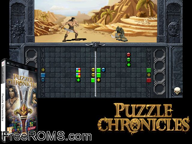 Puzzle Chronicles (Europe) PSP game showing 3D box cover and gameplay screenshot