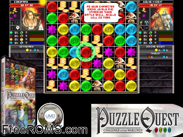 Puzzle Quest - Challenge Of The Warlords PSP game showing 3D box cover and gameplay screenshot