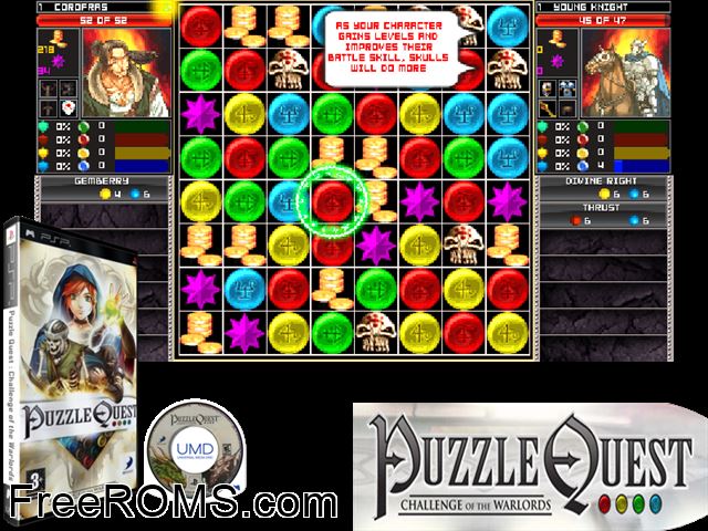 Puzzle Quest - Challenge Of The Warlords (Europe) PSP game showing 3D box cover and gameplay screenshot