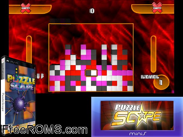 Puzzle Scape PSP game showing 3D box cover and gameplay screenshot