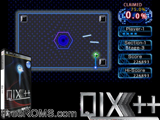 Qix++ Japan PSP game showing 3D box cover and gameplay screenshot