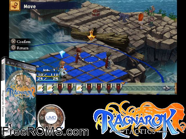 Ragnarok Tactics PSP game showing 3D box cover and gameplay screenshot