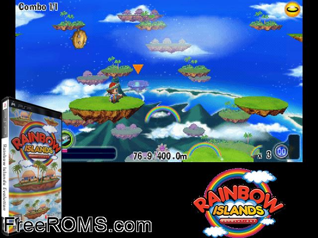 Rainbow Islands Evolution (M3) PSP game showing 3D box cover and gameplay screenshot