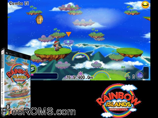 Rainbow Islands Evolution Europe (M6) PSP game showing 3D box cover and gameplay screenshot