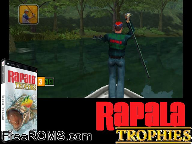 Rapala Trophies PSP game showing 3D box cover and gameplay screenshot