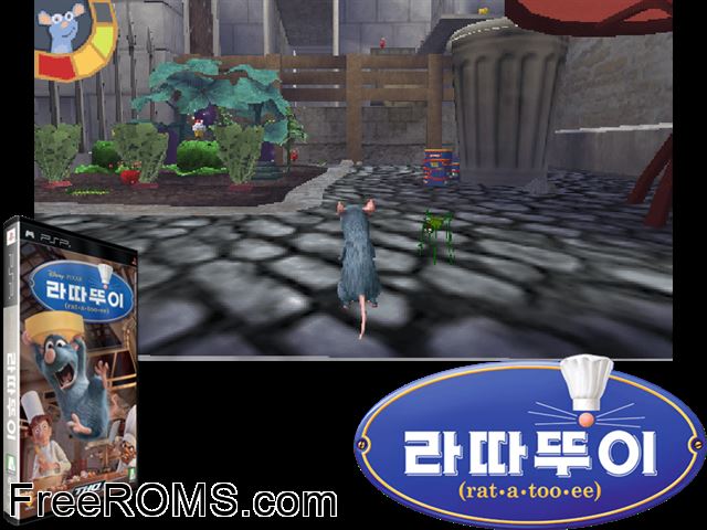 Ratatouille Korea PSP game showing 3D box cover and gameplay screenshot