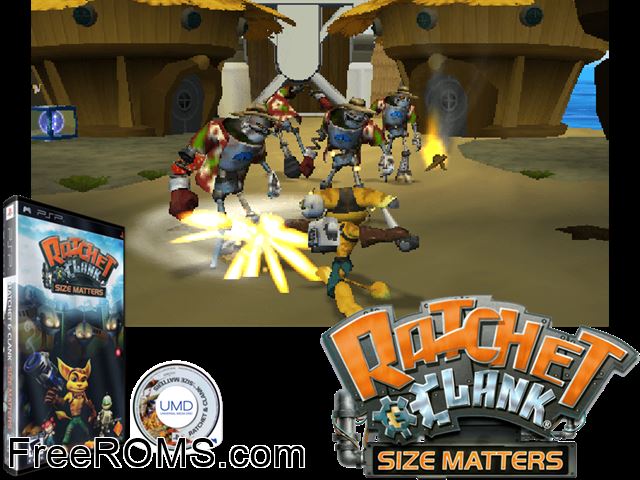Ratchet and Clank - Size Matters PSP game showing 3D box cover and gameplay screenshot