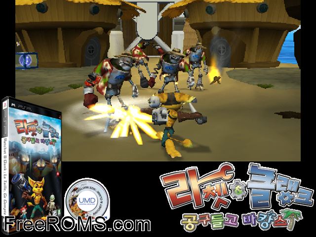 Ratchet and Clank - Size Matters Korea PSP game showing 3D box cover and gameplay screenshot