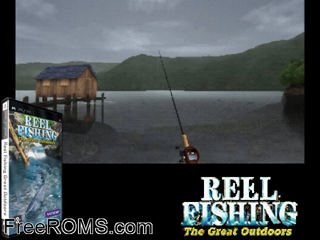 Reel Fishing - The Great Outdoors Europe PSP game showing 3D box cover and gameplay screenshot