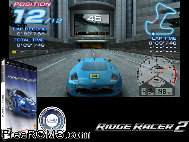 Ridge Racer 2 Europe (M5) PSP game showing 3D box cover and gameplay screenshot