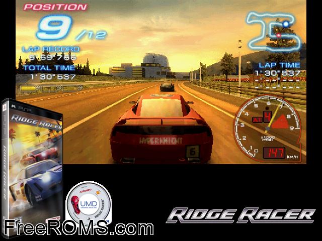 Ridge Racer Europe PSP game showing 3D box cover and gameplay screenshot