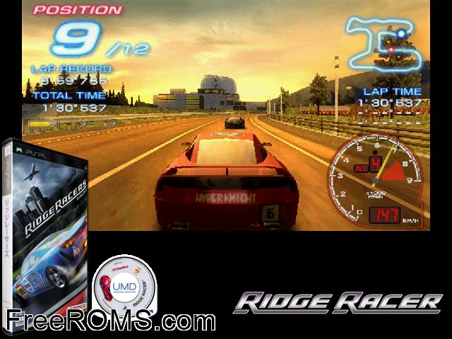 Ridge Racers Japan PSP game showing 3D box cover and gameplay screenshot