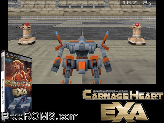Robot Battle Simulation Game - Carnage Heart EXA Japan PSP game showing 3D box cover and gameplay screenshot