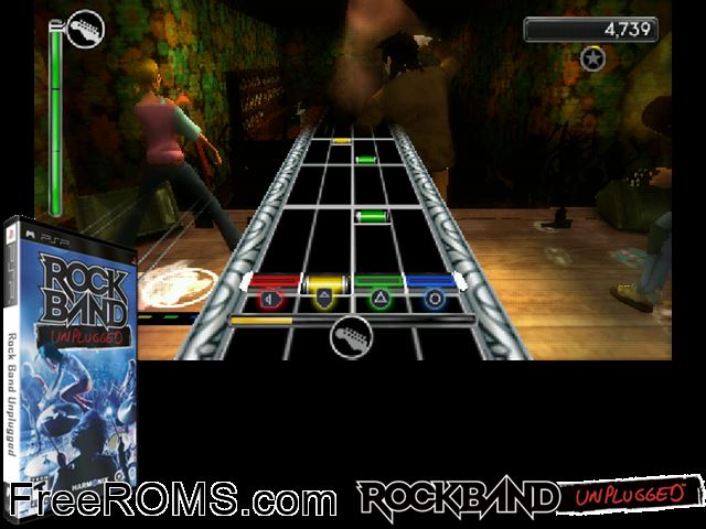 Rock Band Unplugged PSP game showing 3D box cover and gameplay screenshot