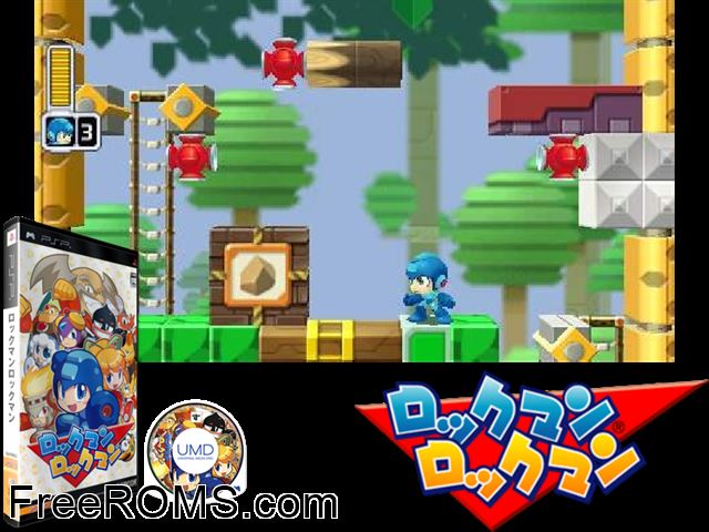 Rockman Rockman Canada PSP game showing 3D box cover and gameplay screenshot
