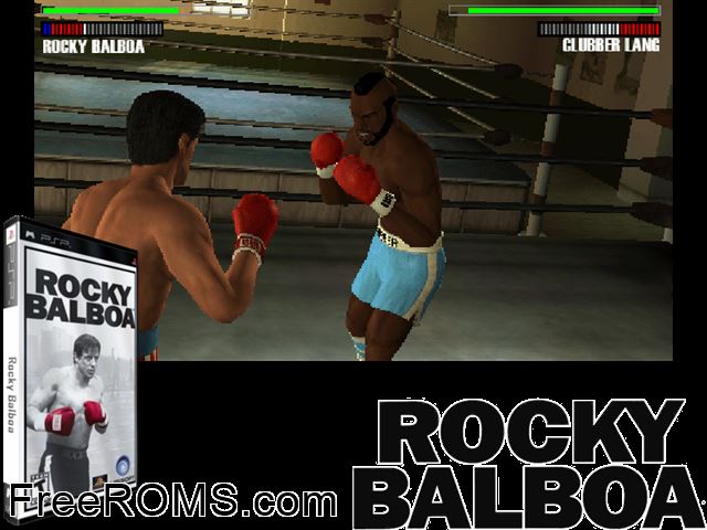 Rocky Balboa PSP game showing 3D box cover and gameplay screenshot