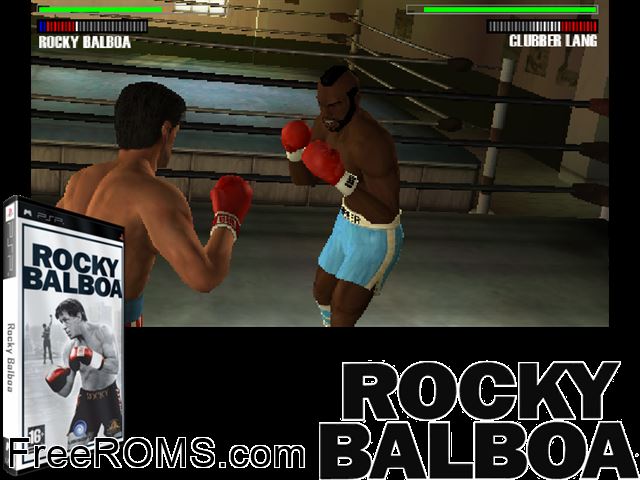 Rocky Balboa Europe (M5) PSP game showing 3D box cover and gameplay screenshot