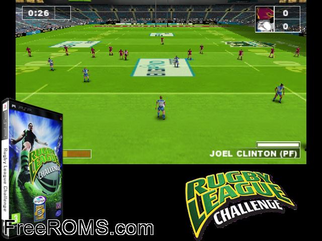 Rugby League Challenge Europe PSP game showing 3D box cover and gameplay screenshot