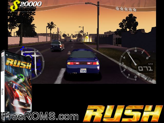 Rush PSP game showing 3D box cover and gameplay screenshot