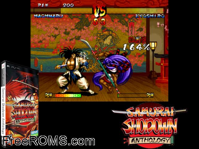 Samurai Shodown Anthology Europe PSP game showing 3D box cover and gameplay screenshot