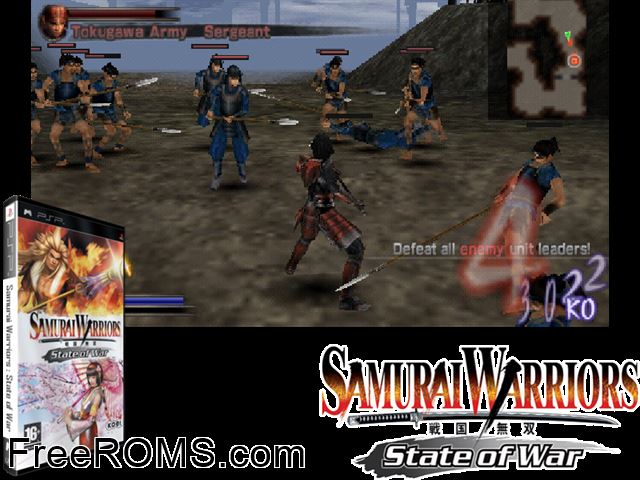 Samurai Warriors - State of War Europe PSP game showing 3D box cover and gameplay screenshot