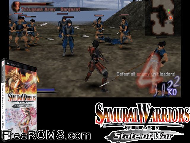 Samurai Warriors - State of War Germany PSP game showing 3D box cover and gameplay screenshot