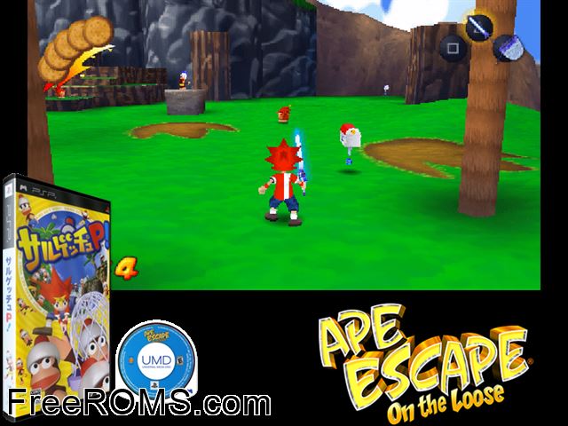 Saru Get Chu P (v2) Japan PSP game showing 3D box cover and gameplay screenshot