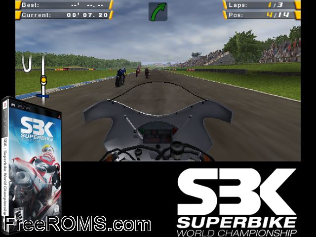 SBK Superbike World Championship (M3) PSP game showing 3D box cover and gameplay screenshot