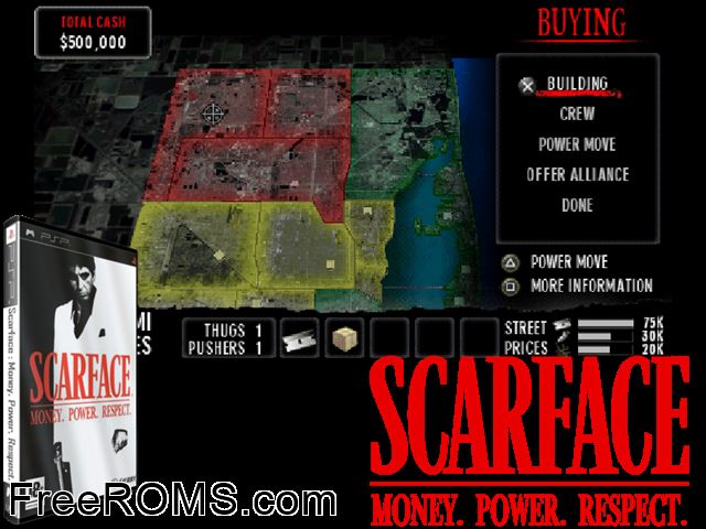 Scarface - Money Power Respect Europe (M4) PSP game showing 3D box cover and gameplay screenshot
