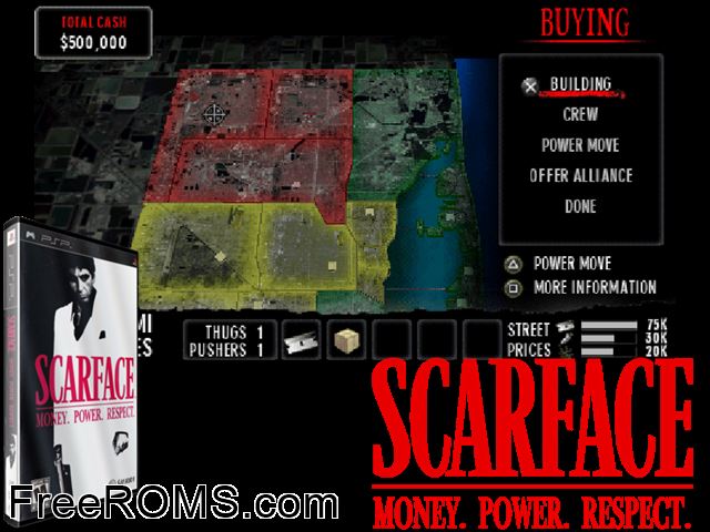 Scarface - Money Power Respect Germany PSP game showing 3D box cover and gameplay screenshot