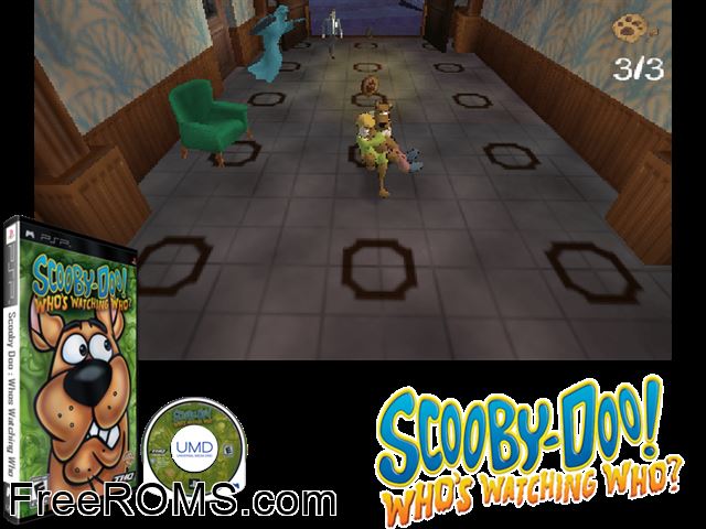 Scooby-Doo Whos Watching Who PSP game showing 3D box cover and gameplay screenshot