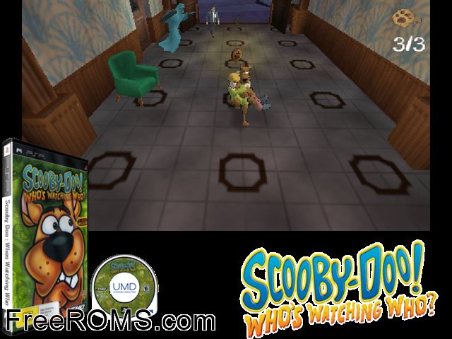 Scooby-Doo Whos Watching Who Europe (M2) PSP game showing 3D box cover and gameplay screenshot
