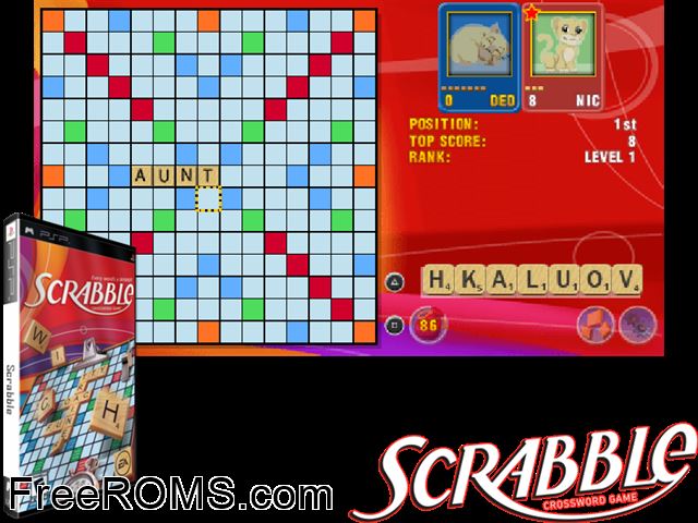 Scrabble - Crossword Game PSP game showing 3D box cover and gameplay screenshot