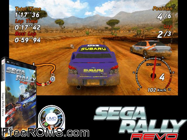 Sega Rally Revo PSP game showing 3D box cover and gameplay screenshot