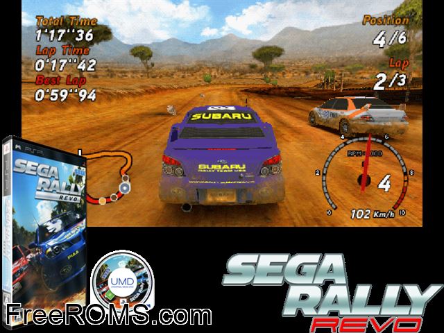 Sega Rally Revo Japan PSP game showing 3D box cover and gameplay screenshot