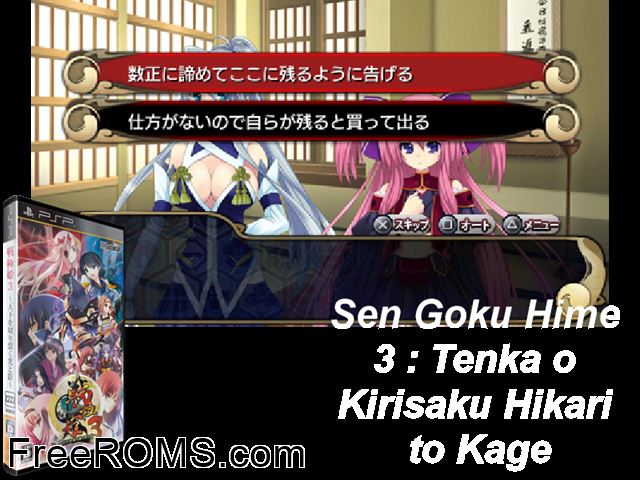 Sengoku Hime 3 - Tenka o Kirisaku Hikari to Kage Japan PSP game showing 3D box cover and gameplay screenshot