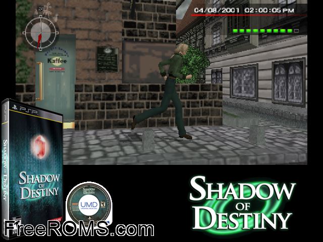 Shadow of Destiny PSP game showing 3D box cover and gameplay screenshot
