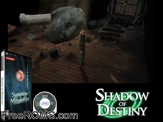 Shadow of Memories Japan PSP game showing 3D box cover and gameplay screenshot