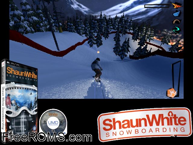 Shaun White Snowboarding Europe (M5) PSP game showing 3D box cover and gameplay screenshot