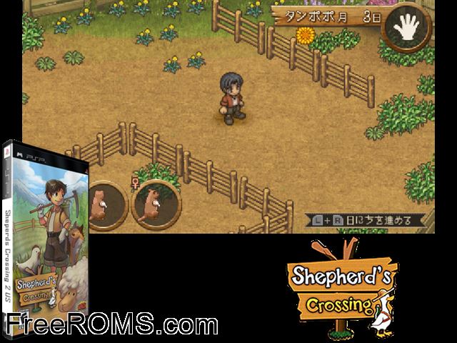 Shepherds Crossing PSP game showing 3D box cover and gameplay screenshot