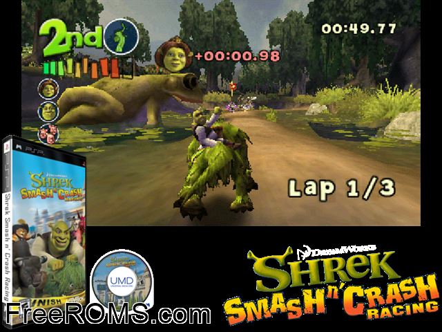 Shrek - Smash n Crash Racing PSP game showing 3D box cover and gameplay screenshot